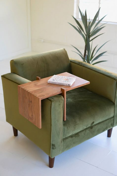 Solid Acacia Wood Adjustable Arm Table. This unusual table can be used on the arm of a chair or as an adjustable display riser. This is made of acacia wood. Angular and sturdy, this riser was made in India and features dovetail joints. In one image, the riser is shown on top of our adjustable acacia wood coffee table, which is sold separately (NRAH1044). Each sold separately. Please note since the table is not attached to the arm, one must take care to maintain balance. Matching pieces sold sepa Side Table With Ottoman Underneath, Chair With Table Attached, Floor Eating Table, Living Room Card Table, Reading Chair Table, Slim Coffee Table, Small Reading Table, Armchair Table, Wooden Arm Rest For Couch