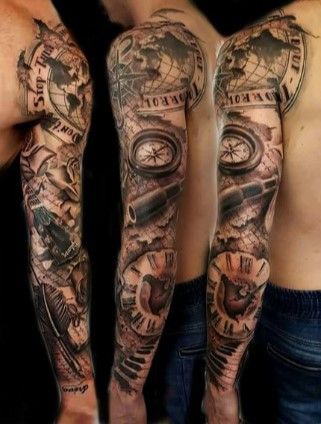 Nautical Sleeve, Nautical Tattoo Sleeve, Cool Half Sleeve Tattoos, Pirate Tattoo, Forarm Tattoos, Nautical Tattoo, Cat Tattoos, Watch Tattoos, Tiny Tattoo