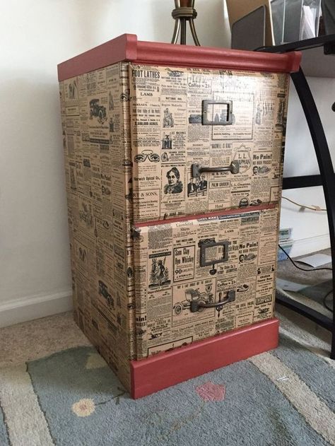 file cabinet upcycle with wrapping paper, chalk paint, decoupage, painted furniture Refinished Office Furniture, Cabinet Upcycle, Painted File Cabinets, Diy File Cabinet, Filling Cabinet, File Cabinet Makeover, Upcycle Storage, Dream Library, Pinterest Crafts