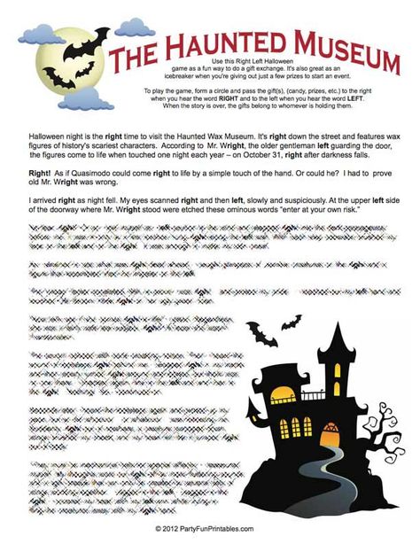 Right Left Game: The Haunted Museum Halloween Gift Passing Game Halloween Left Right Game, Right Left Game, Gift Passing Game, Haunted Museum, Left Right Game, Family Halloween Party, Halloween Mystery, Halloween Party Printables, Halloween Stories