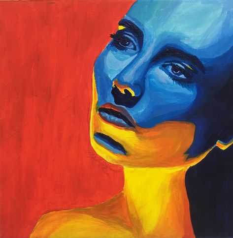 art acrylic portrait color paint blue yellow red colorful artwork painting Red Yellow Blue Face Shading Art, Red And Blue Portrait Painting, Abstract Color Portrait, Triadic Painting, Coloring Pallets, Watercolour Face, Color Theory Painting, Disrupted Realism, Blue Face Paint