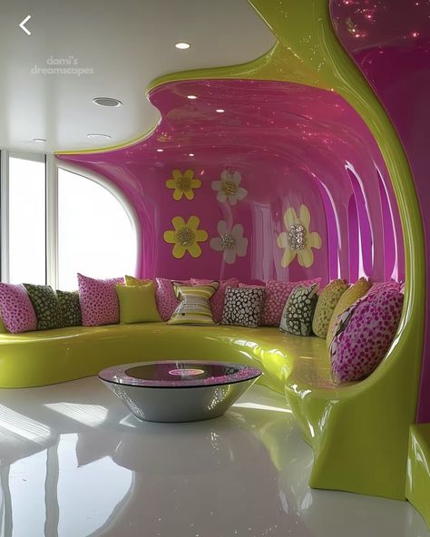 2000 Futuristic Aesthetic, Y2k Home Aesthetic, Room Tattoos, Living Room Style Cozy, Nostalgia 2010s, Y2k Home Decor, Pink Green Aesthetic, Funky Houses, Y2k Decor