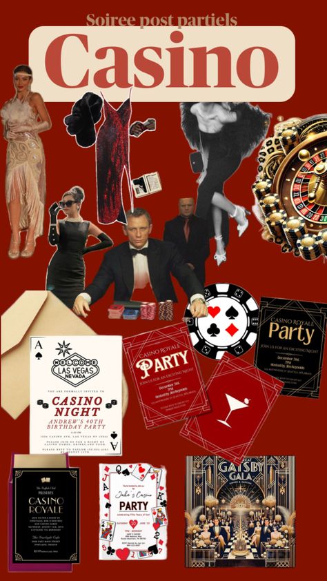 Glam Casino Theme Party, 60th Casino Birthday Ideas, Classy Casino Party, Vegas 30th Birthday Theme, 30th Birthday Casino Theme, Casino Party Aesthetic, James Bond Themed Party, Casino 21st Birthday Party, Casino Night Aesthetic