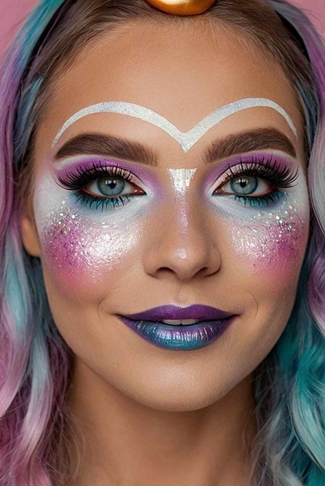 Jellyfish Makeup Halloween, Unicorn Costume Face Paint, Halloween Makeup Unicorn, Jellyfish Makeup, Pumpkin Makeup Ideas, Cat Face Makeup, Unicorn Makeup Halloween, Beautiful Halloween Makeup, Cat Halloween Makeup