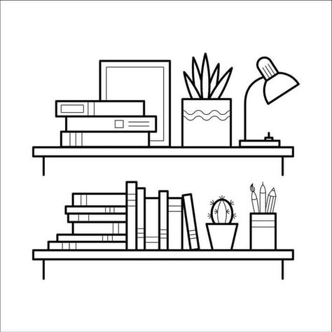 Books Outline Drawing, Book Case Drawing, Bookshelf Doodle, Bookshelf Drawing, Shelf Drawing, Book Doodles, Book Doodle, Dibujo Simple, Desain Pantry