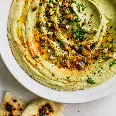 Check out Pistachio-Pesto Hummus recipe and more from Sur La Table! Pistachio Hummus, Pesto Hummus, Easy Hummus Recipe, Pistachio Pesto, Easy Hummus, Hummus Recipe, Canned Chickpeas, Inspired Recipes, Appetizer Dips