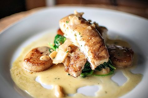 Halibut with scallops, spinach and citrus buerre blanc. We're making this soon and we're making it with roasted brussels sprouts! Buerre Blanc, Halibut Recipes, Seafood Entrees, Fish Dinner, Seafood Dinner, Roasted Brussel Sprouts, Fish Dishes, Seafood Dishes, Fish And Seafood