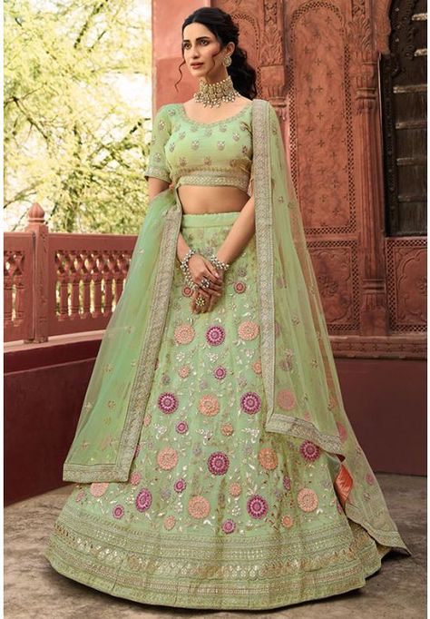 Pistachio Green Organza Designer Lehenga Choli Wedding Ghagra, Half Sleeve Blouse Designs, Lehenga Choli Designs, Indian Lehenga Choli, Organza Lehenga, Raw Silk Fabric, Green Lehenga, Lehenga Online, Net Lehenga