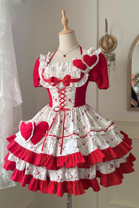 Process Time: Could be shipped out in 30-45 days. Fabric: Polyester Color: Red Feature: Double-Layered, Print, Ruffle, Bowknot Style: Sweet Include: Dress*1 + Heart Necklace*1 Size (IN) Bust Waist Sleeve Length Shoulder Width Length S 31.50-35.43 25.20-29.13 8.66 12.99 32.28 M 33.07-37.01 26.77-30.71 9.06 13.39 32.87 L 34.65-38.58 28.35-32.28 9.45 13.78 33.46 Size (CM) Bust Waist Sleeve Length Shoulder Width Length S 80-90 64-74 22 33 82 M 84-94 68-78 23 34 83.5 L 88-98 72-82 24 35 85 Candy Inspired Outfits, Lovecore Fashion, Puffy Skirt, Red And White Dress, 2 Hearts, Punk Dress, Dream Aesthetic, Heart Dress, Sweet Lolita