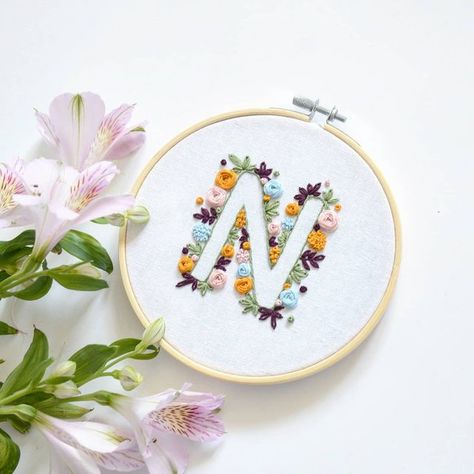 Embroidery Nursery, Wedding Embroidery Hoop, Embroidery Hoop Art Diy, Monogram Cross Stitch, Simple Hand Embroidery Patterns, Beginner Embroidery Kit, Embroidery Wall Art, Monogram Embroidery, Floral Alphabet