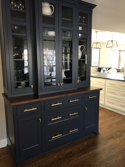 Sw Naval, China Hutch Makeover, Blue China Cabinet, Navy Blue Furniture, Dining Room Navy, Navy Furniture, China Cabinet Makeover, Painted China Cabinets, Navy Blue Decor