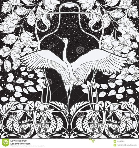 Poster, Background With Decorative Flowers And Bird In Art Nouveau Style. Black-and-white Graphics.n Stock Vector - Illustration of blackandwhite, branches: 124383811 Bunny Art Projects, Chalk Pastel Art, Art Nouveau Illustration, Art Deco Illustration, Bird Poster, Fairytale Illustration, Poster Background, Sunflower Art, Art Nouveau Design