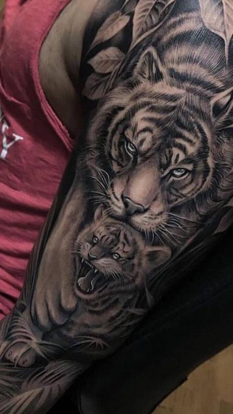 Tiger Tattoo Designs Men Tiger, Tiger Tatoos Men Art Designs, Tiger And Two Cubs Tattoo, Mean Tiger Tattoo, Male Tiger Tattoo, Men’s Tiger Tattoo, Tiger Face Tattoo, Jungle Tattoo, Cubs Tattoo