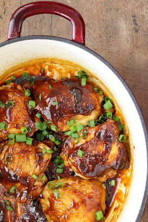 Garlic and Ginger Caramel Chicken Thighs Dutch Oven Chicken Breast Recipes, Oven Chicken Breast Recipes, Oven Chicken Breast, Dutch Oven Chicken Breast, Ginger Caramel, Garlic Ginger Chicken, Caramel Chicken, Meaty Meals, Dutch Oven Chicken