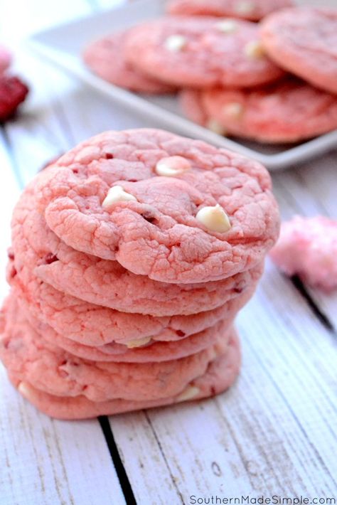 Strawberry Milkshake Cookies - Southern Made Simple Strawberry White Chocolate Chip Cookies, Pudding Cookies Recipes, Strawberry White Chocolate, Strawberry Pudding, White Chocolate Chip, Cake Mix Cookie Recipes, Cookie Sheets, White Chocolate Chip Cookies, Pudding Cookies