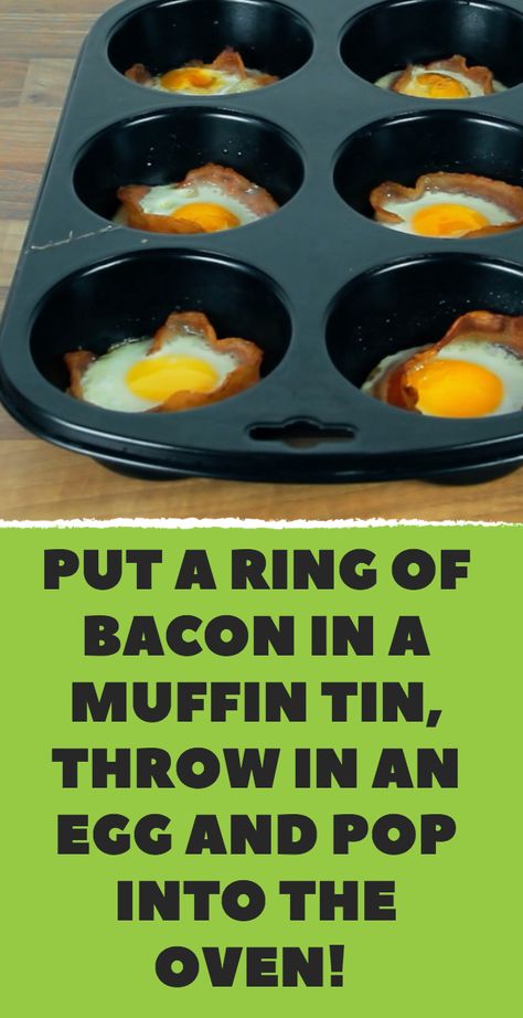 Put A Ring Of Bacon In A Muffin Pan, Throw In An Egg & Pop Into The Oven! Eggs In Cupcake Pan, Roasted Onions, Cupcake Pan, Bacon Egg, Good Recipes, Muffin Tin, Old Recipes, Roasting Pan, An Egg