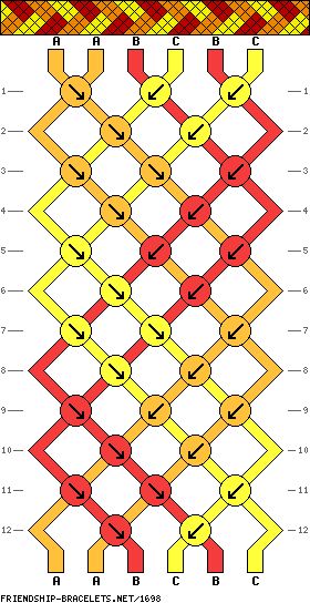 #1698 6 Strands, 3 Colors, 2ea - friendship-bracelets.net - made 10/15 a+pink, B= lime c=orange Friendship Bracelets With Names, Diamond Friendship Bracelet, Bracelet Template, String Friendship Bracelets, Chevron Friendship Bracelets, Braided Friendship Bracelets, Diy Bracelets With String, Friendship Bracelets Easy, String Bracelet Patterns
