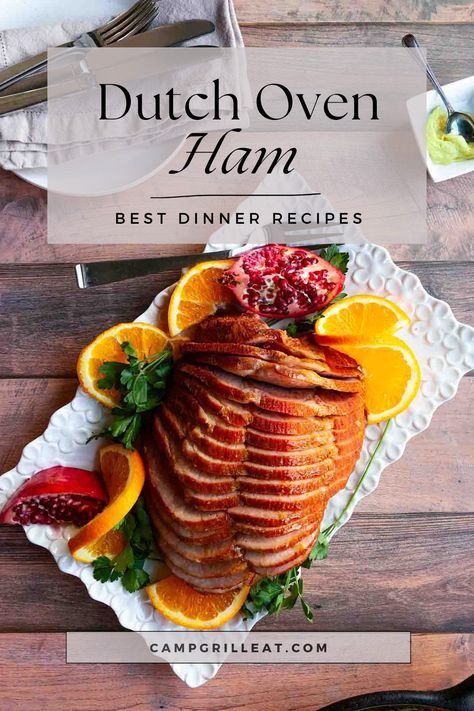 A spiral cut ham on a rectangular platter on a wooden table. Ham Dutch Oven Recipes, Spiral Ham In Dutch Oven, Dutch Oven Ham Recipes, Ham In Dutch Oven, Oven Ham Recipes, Dutch Oven Ham, Dutch Oven Meals, Oven Ham, Cooking Spiral Ham