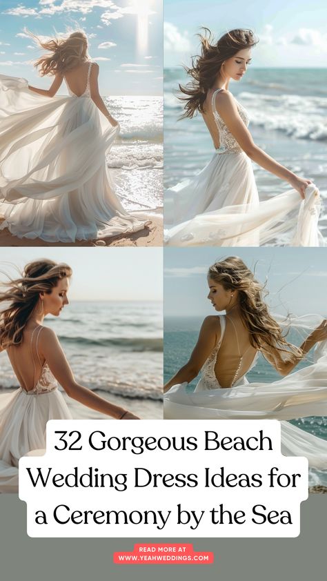 A bride wearing a flowing beach wedding dress, standing by the sea with the ocean breeze gently blowing through her hair, showcasing the light and airy fabric perfect for a seaside ceremony. Beach Wedding Gown Boho, Beach Wedding Dress Satin, Hawaiian Wedding Dress Beach Brides, Wedding Beach Dress The Bride, Pacific Island Wedding Dress, Beach Wedding Dress Hawaii, Light Wedding Dress Beach, Wedding In Hawaii Dresses, Vintage Beach Wedding Dress