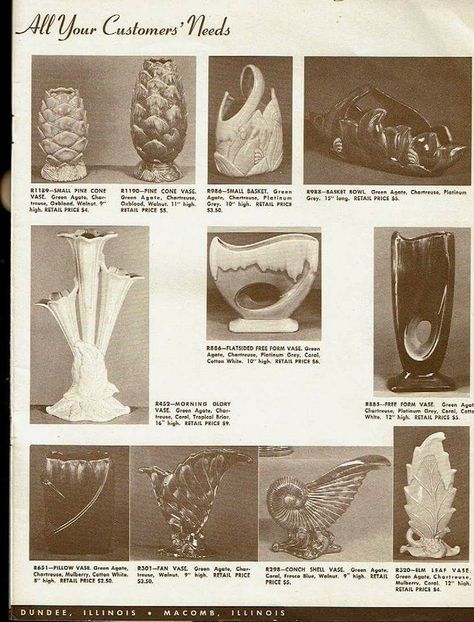 Page from Haeger spring catalog 1953 Small Pine Cones, Haeger Pottery, Small Basket, Mid Century Art, Green Agate, Vintage Pottery, Art Pottery, Vintage Love, Pottery Art