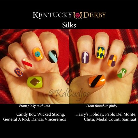 Kentucky Derby horse silks nail art Kentucky Derby Nail Art, Kentucky Derby Nails Art, Derby Nails Kentucky, Kentucky Derby Nails, Derby Nails, Racing Nails, Silk Nails, Diy Nails Easy, Glitter Gradient Nails