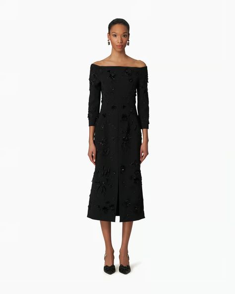 Embroidered Off-Shoulder Column Dress - Ready-to-Wear | Carolina Herrera Sequin Midi Dress, Style Finder, Floral Embroidered Dress, Column Dress, Floral Applique, Carolina Herrera, Italian Fashion, Embroidered Dress, Designer Outfits Woman