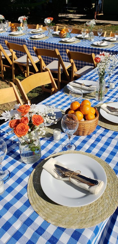 Blue Plaid Table Setting, Orange And Blue Picnic, Blue Checkered Tablecloth Table Settings, Gingham Theme Party, Gingham Party Decor Picnic Theme, Blue And White Picnic Theme, Backyard Flower Party, Blue Gingham Table Setting, Blue Picnic Theme Party