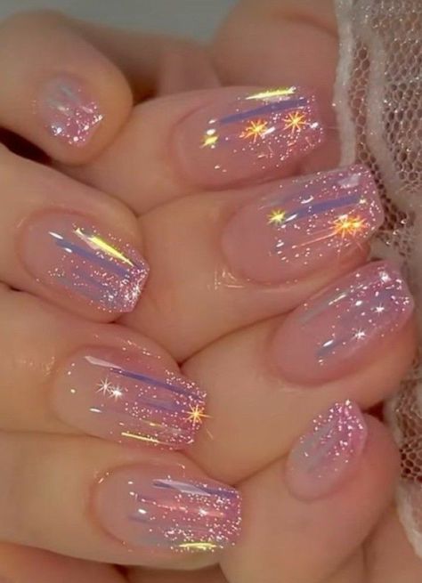 Rainbow Glitter Ombre Nails, Short Pink Sparkly Nails, Iridescent Nail Designs, Opal Nail Designs, Pink Glitter French Tip Nails, Pink Glittery Nails, Sparkly Ombre Nails, Tokyo Nails, Pink Sparkly Nails