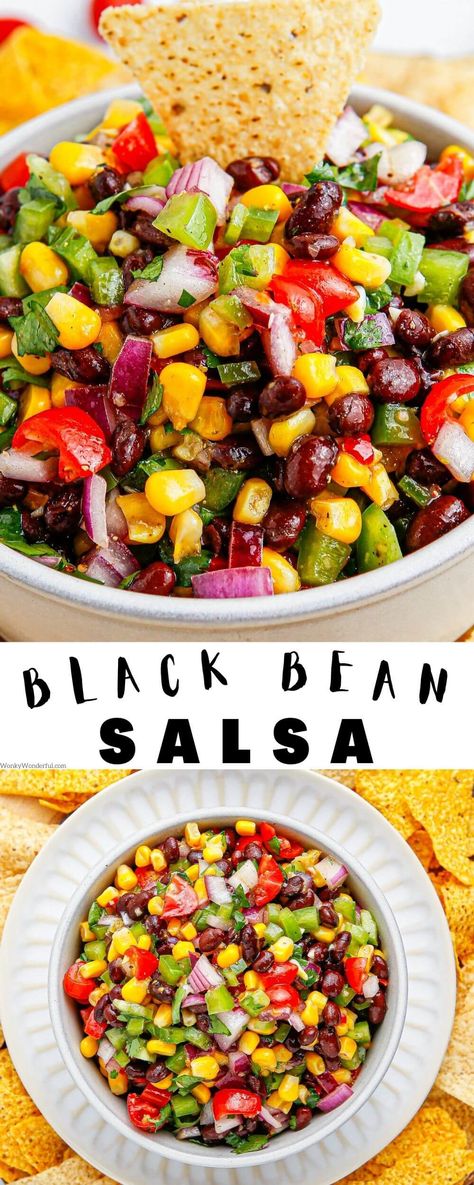 This BLACK BEAN AND CORN SALSA is so fresh and flavorful with beans, corn, peppers, tomatoes and cilantro. Corn Blackbean Salsa, Black Bean Side, Salsa Ideas, Corn Black Bean Salsa, Corn And Black Bean Salsa, Black Bean Salsa Recipe, Bean Salsa Recipe, Black Bean And Corn Salsa, Corn Bean Salsa