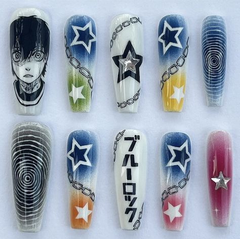 Soul Eater Nail Designs, Blue Lock Nails, Soul Eater Nails, One Piece Nails, Anime Nails Art, Nail Anime, Diva Nails, Anime Nails, Modern Nails