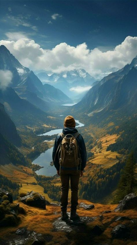 Hikers paradise Rear view shows tourist relishing mountain vista, embracing travel lifestyle Vertical Mobile Wallpaper AI Generated Walking Back View, Hiking Background, School Of Motion, Brand Boards, Mountain Background, Purpose Of Life, Old School Tattoo Designs, Mountain Travel, Art Painting Gallery