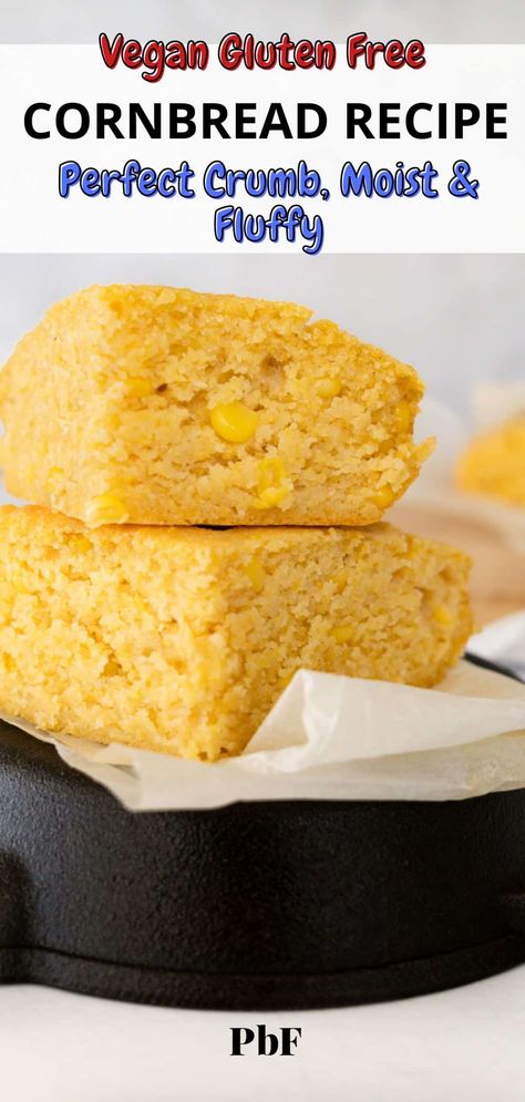 This easy vegan gluten free cornbread has the perfect crumb, a delectable soft cornbread texture and added corn kernels. The flavor is mildly sweet, perfect for pairing with soups, stews, and chilis or enjoy it alone. Vegan Gluten Free Cornbread, Gluten Free Vegan Cornbread, Cornbread Vegan, Vegan Cornbread Recipe, Gluten Free Apple Recipes, Gluten Free Cornbread Recipe, Vegan Cornbread, Gluten Free Cornbread, Vegan Apple