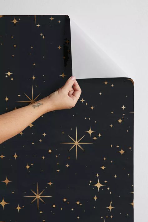 Seamless Pattern Night Sky Gold Stars Magical Mystical Pattern Removable Wallpaper | Urban Outfitters Night Sky Nursery, Sky Nursery, Hangout Room, Wallpaper Panel, Dark Home Decor, Dark Home, Wallpaper Accent Wall, Wall Decor Design, Stick On Wallpaper