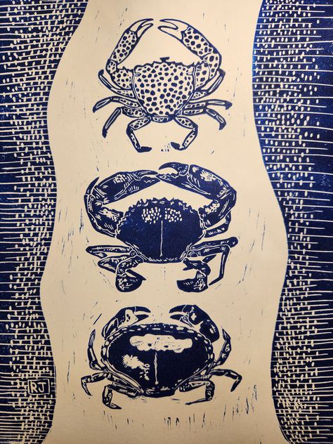 Lino Fabric Print, Coral Linocut, Ocean Printmaking, Crab Linocut, Shark Linocut, Experimental Illustration, Crab Silhouette, Cardboard Masks, Crab Species