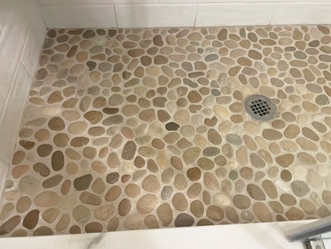 Pebble Floor Shower Ideas, Pebble Stone Shower Floor, Stone Shower Floor, How To Grout, River Rock Shower, Pebble Shower, Pebble Tile Shower, Tile Grout Color, Pebble Stone Flooring