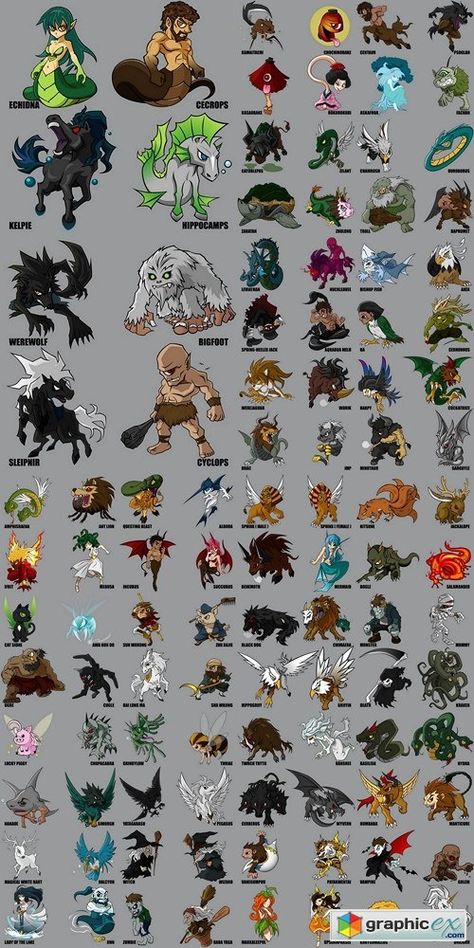 Mythical Creatures Set Mythical Beasts Art, How To Draw Mythical Creatures, Fantasy Creatures Humanoid List, Mythology Animals, Animal Concept, Mythical Creature Description, Mithycal Creatures Art, Small Mythical Creatures, List Of Mythical Creatures