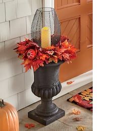 Planters - Designs For Indoor Or Outdoor Plants | Country Door Urn Planters Front Door, Fall Planter Ideas Front Porches, Front Door Planter Ideas Entrance, Fall Urns For Front Porch, Fall Containers Planters, Fall Urns, Porch Urns, Fall Urn, Rustic Farmhouse Modern