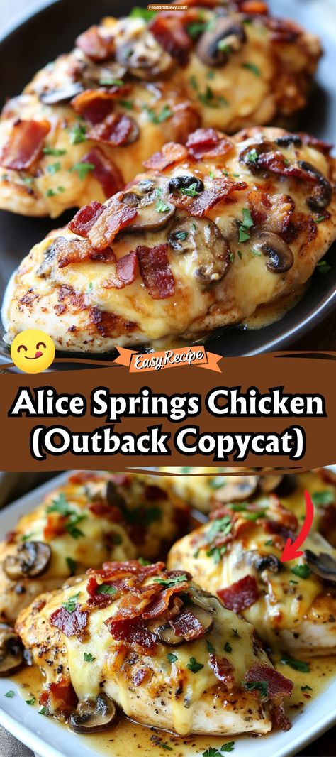 Recreate a restaurant favorite at home with Alice Springs Chicken, an Outback Steakhouse copycat recipe. Juicy grilled chicken breasts are topped with honey mustard sauce, sautéed mushrooms, crisp bacon, and melted cheese. It’s a flavorful dish that brings a taste of dining out into your kitchen. #AliceSpringsChicken #OutbackCopycat #DinnerIdeas Outback Steakhouse Chicken Recipe, Copycat Alice Springs Chicken Outback, Alyssa The Recipe Critic, Aussie Chicken Outback, Spring Alice Chicken, Clean Food Crush Alice Springs Chicken, Outback Steakhouse Chicken, Alice’s Spring Chicken, Alice Springs Chicken Outback Copycat