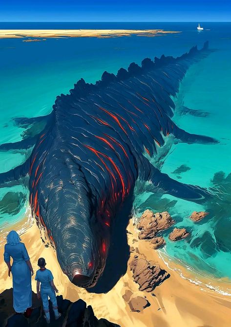 # **A Sea Slug has washed up on the shore of Planet Ocean. These animals can reach 2 miles in length.** Fantasy Sea Creatures, Sea Monster Fantasy Art, Leviathan Art Sea Monsters, Planet Concept Art, Alien Sea Creatures Concept Art, Sea Creature Art, Aquatic Monster Concept Art, Prehistoric Ocean, Ocean Planet