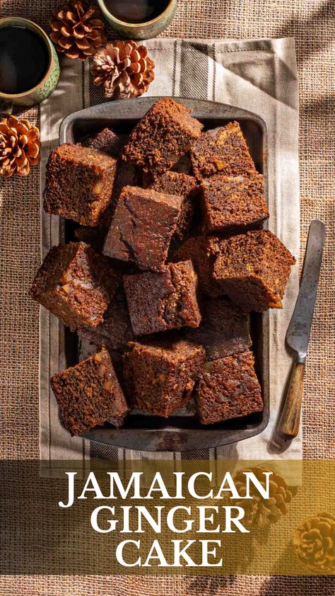 Squares of Jamaican ginger cake in a baking tin on a hessian background. Sticky Jamaican Ginger Cake, Jamaican Black Cake, Jamaican Ginger Cake, Ginger Cake Recipe, Ginger Cakes, Sticky Ginger Cake, Treacle Sponge, African Cake, Jamaican Desserts