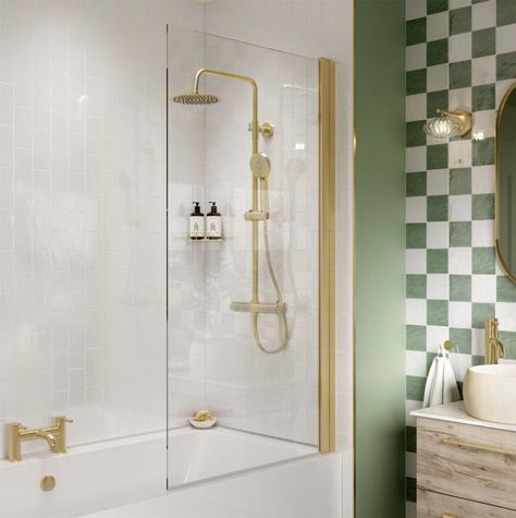 Brushed Brass Bath Hinged Shower Screen Frameless Square- 6mm Glass-1400mm High  | eBay Freestanding Bath And Shower Combo, Combined Bath Shower Ideas, Bath Shower Enclosure, Bath Shower, Bath With Shower Screen, Brass Shower Screen, Bath Shower Combo, Shower Bath Combo, Brushed Brass Bathroom