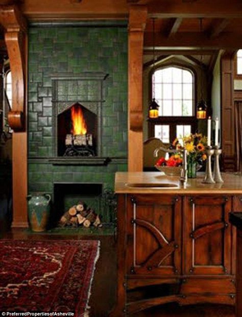 Tiny fireplace...love the height on the wall with wood cubie below and especially in the kitchen:) Storybook House, Tudor Cottage, Andie Macdowell, Storybook Homes, Craftsman Kitchen, Tudor Style Homes, North Carolina Homes, Kitchen Fireplace, Tudor House