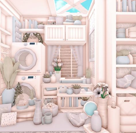 Bloxburg Preppy Bedroom, Preppy Bloxburg, Bloxburg Laundry Room Ideas, Roblox Decor, Bloxburg Decor, Cottage Core Bloxburg House, Bloxburg Christmas, Bloxburg Rooms, Modern Bloxburg House Ideas