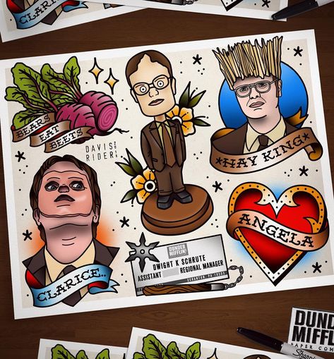 Dwight Schrute might be one of the best characters in tv history, and The Office is hands down my favorite show ever. Of course I had to… Traditional Tattoo Flash Sheet, Davis Rider, Flash Sheet Tattoo, Flash Art Tattoos, Traditional Tattoo Flash Sheets, The Office Us, Tattoo Wall Art, Art Flash, Traditional Tattoo Sleeve