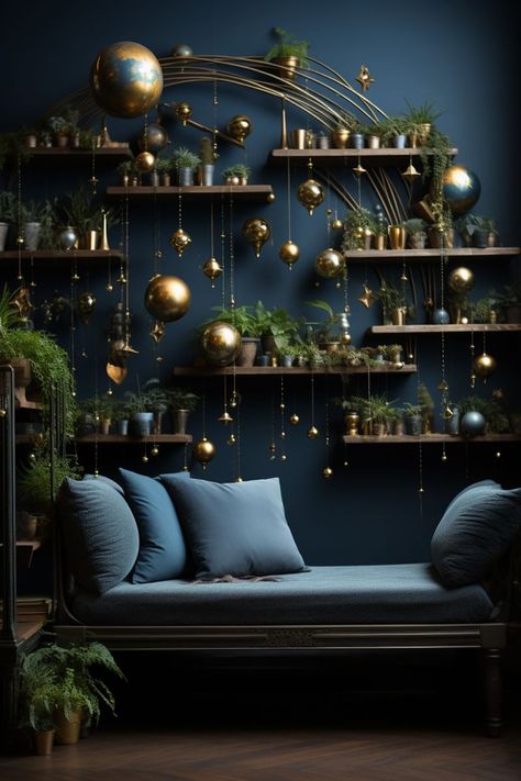 Small Teal Bedroom, Living Room Decor Ideas Blue Couch, Inside Home Color Ideas, Mystical Living Room Ideas, 1920s Inspired Decor, Dark Floral Living Room, Dark Academia Celestial Aesthetic, Magic Aesthetic Decor, Starry Living Room