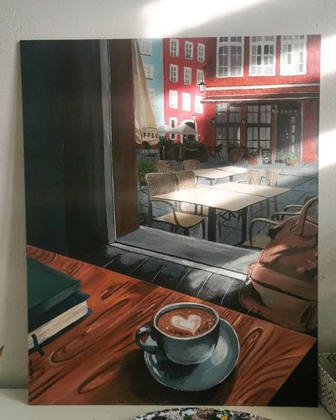 Coffee Shop Painting Ideas, Coffee Shop Artwork, Coffee Shop Window Art, Coffee Shop Painting, Coffee Shop Drawing, Coffee Shop Art, Bulletin Journal, Children Drawing, Ipad Painting