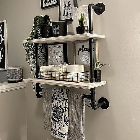 Black Shelves For Bathroom, Industrial Bathroom Shelves, Industrial Shelves Bathroom, Shelves In Bathroom Wall Shelves, Black Shelves Bathroom, Shelves In Bathroom Above Toilet, Bathroom Shelves Over Toilet Decor, Bathroom Decor Above Toilet, Bathroom Shelving Ideas