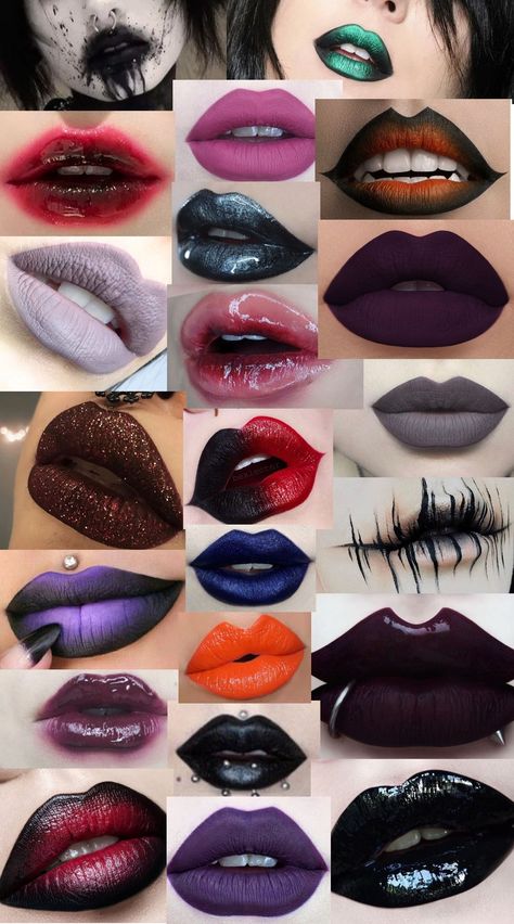 Gothic Lipstick Inspo Gothic Makeup Inspiration, Different Lipstick Styles, Black Lipstick Tutorial, Punk Lipstick, Emo Lipstick Tutorial, Gothic Lips, Gothic Make Up, Emo Lipstick, Goth Lipstick Tutorial