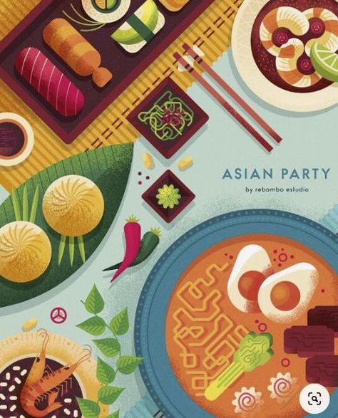 Food Illustration Design, Menu Illustration, Asian Party, Food Tech, Food Illustration Art, Food Party, Vector Food, Food Poster Design, Illustration Food