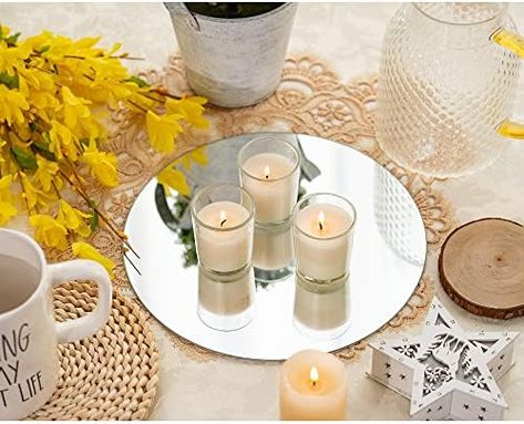 Muzilife 10" Round Mirror Candle Plate Set, 2 mm Circle Tables Mirror Trays - Box of 12 Glass Candle Plate Set for Table Wedding Centerpieces, Party, Festivals Decor Mirror Candle Plate, Mirror Tray, Candle Mirror, Candle Plate, Glass Candle, Round Mirrors, Plate Sets, Wedding Centerpieces, Wedding Table